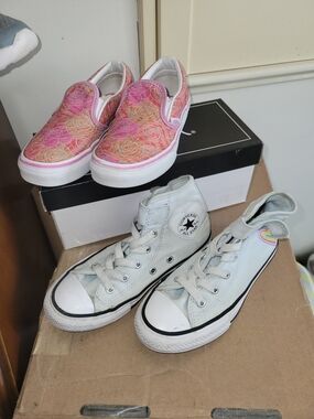 Converse/ Vans Kids Pink Floral Slip-Ons & White High-Top Sneakers - Two Pair